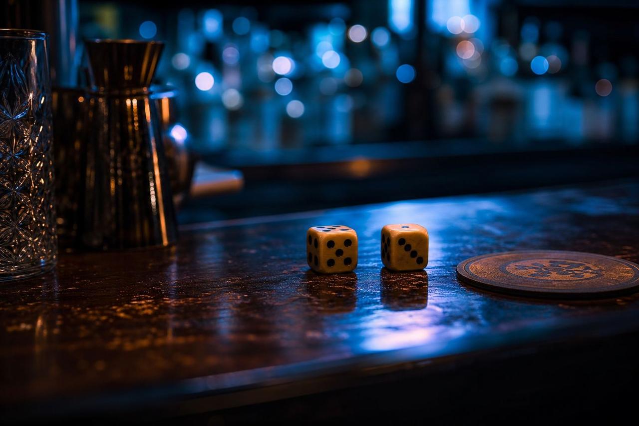 Stimmungsvolle Bar-Szene mit Würfeln und einem Bierdeckel auf dem Tresen