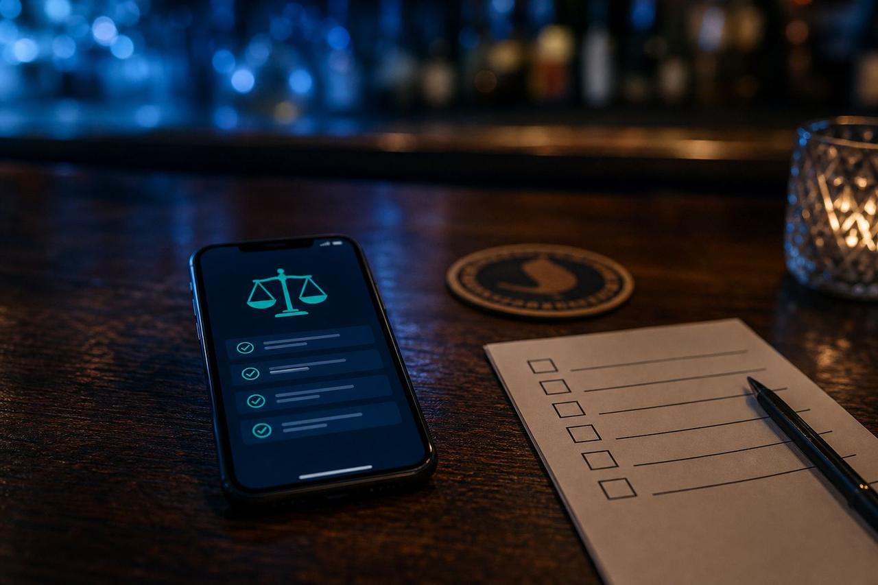 Smartphone auf einem Tresen, daneben ein Bierdeckel, Sinnbild für die Prüfung eines Online Casinos