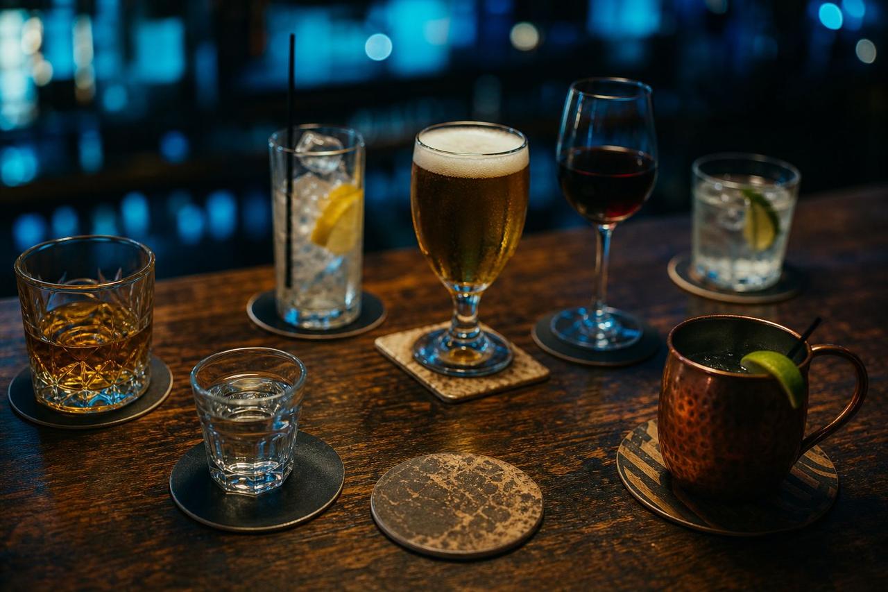 Verschiedene Getränke und Bierdeckel auf einem Tresentisch von oben
