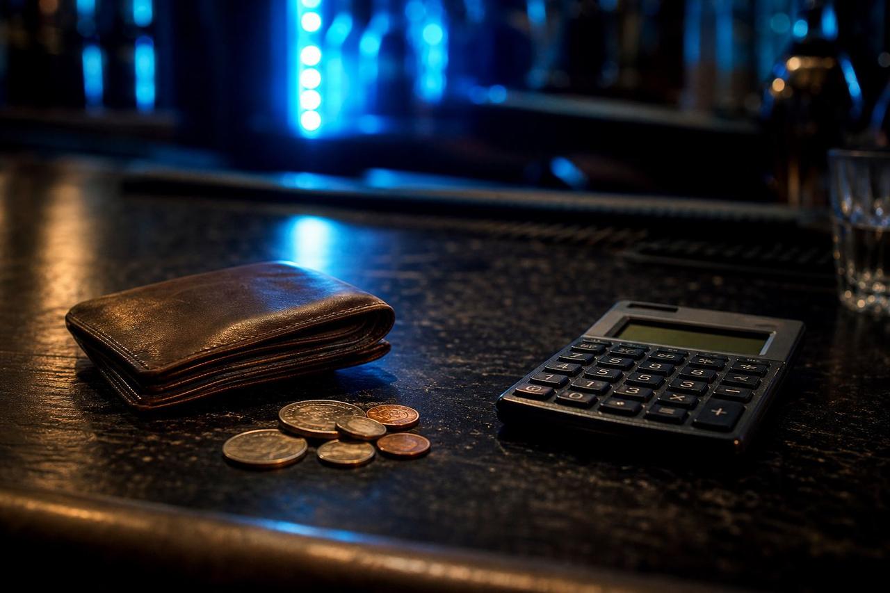 Münzen und ein Lederportemonnaie neben einem Taschenrechner auf einem dunklen Tresen