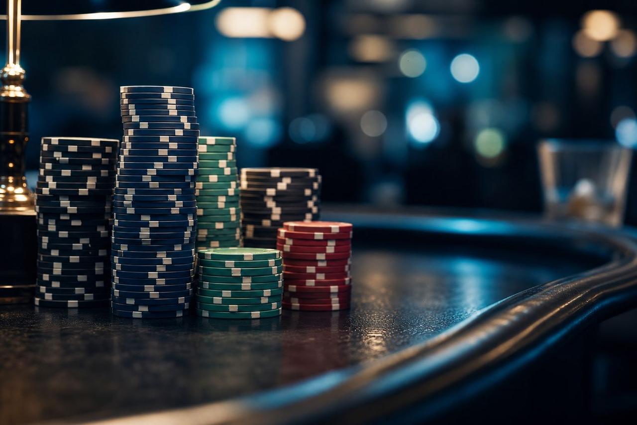Ordentlich gestapelte Casino-Chips auf einem dunklen Tresen unter weichem Licht