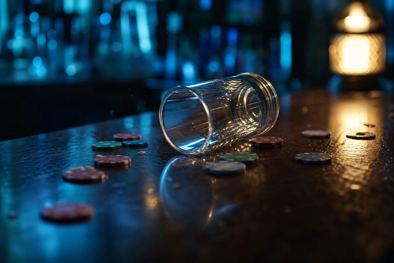Umgekipptes leeres Glas und verstreute Chips auf einem Tresen, angespannte Stimmung
