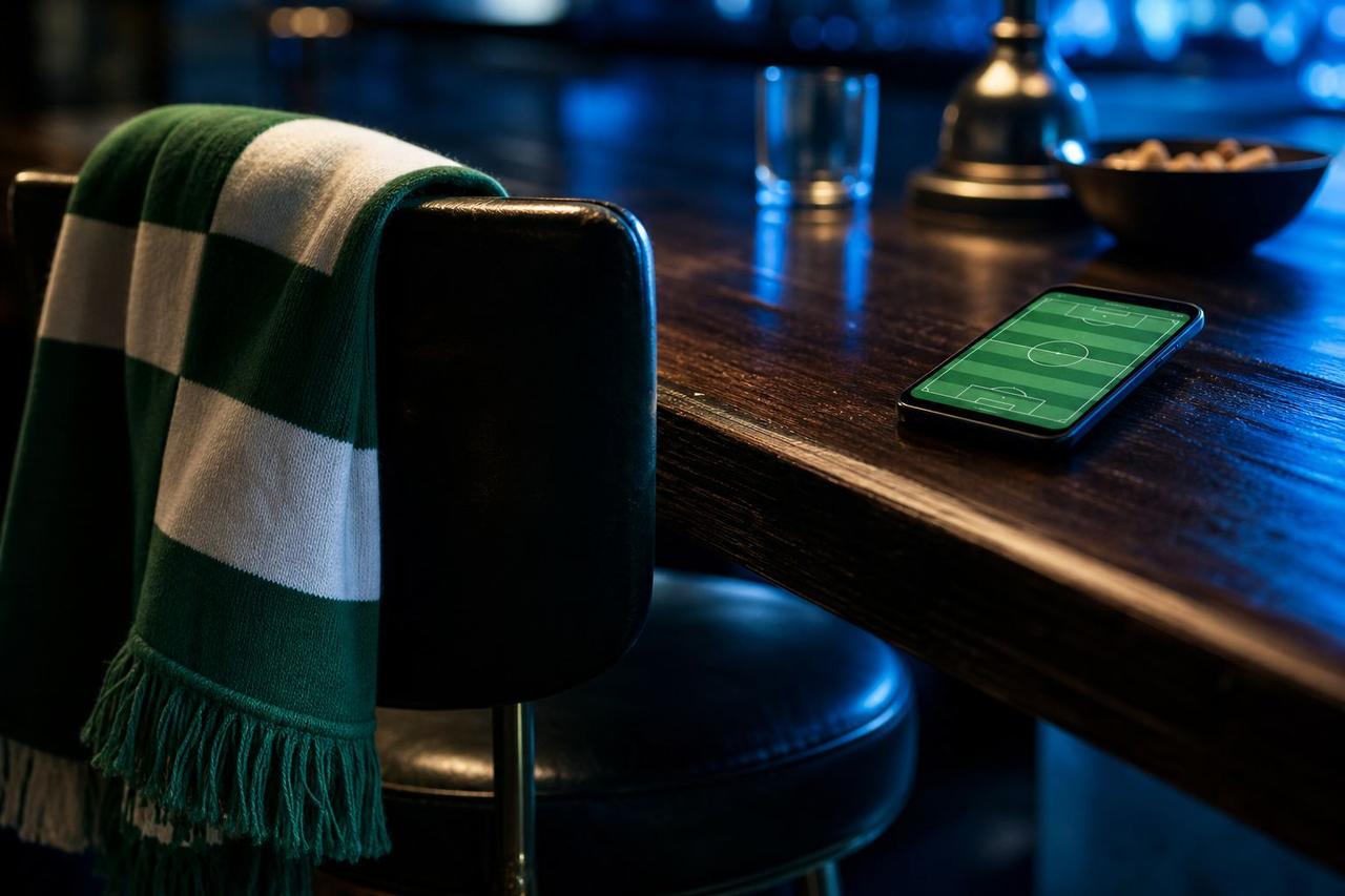 Fan-Schal über einem Barhocker neben einem Smartphone mit Fußballspiel