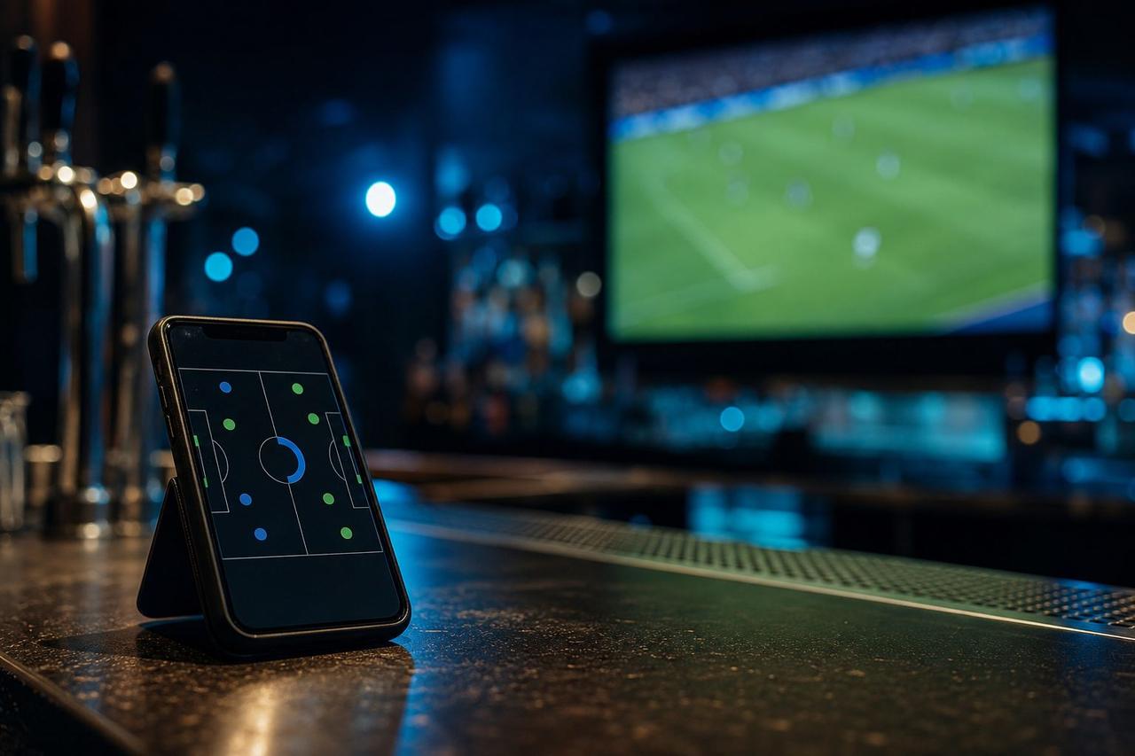 Smartphone auf einem Tresen mit Live-Spieluhr, im Hintergrund unscharf ein Fußballspiel